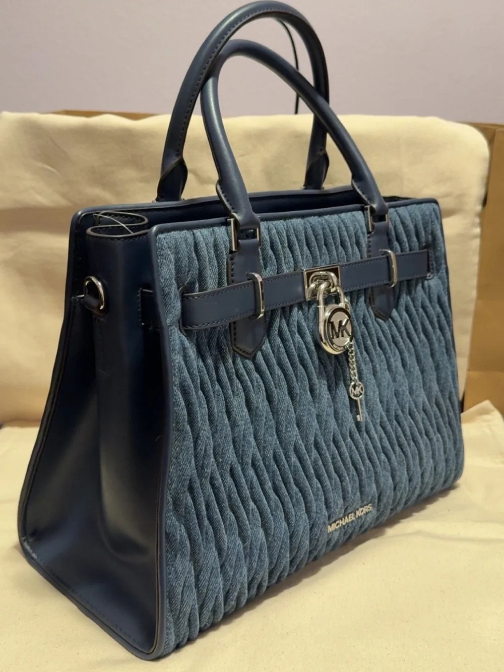 Michael Kors Navy Denim Satchel with Lock and Key Charms